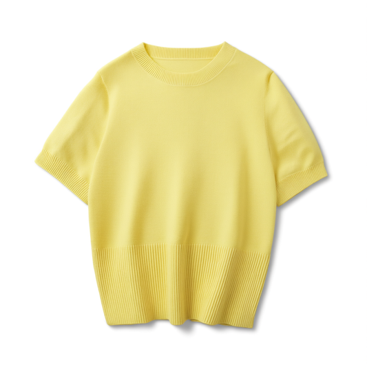 [072]G   LIONCAT Casual New Premium Goose Yellow Short Sleeve Waist-tailored Women's Short Length Knit Wool Sweater Versatile