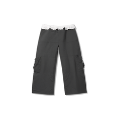 [516]G    PUKI Color-block Ruffled Hem Multi-pocket Trousers, Double Waist Slimming Design with Drapey Straight-leg Workwear Style
