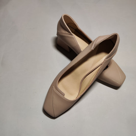 [254]NG  Women's genuine leather nude-colored block heel pumps with stylish design, made of soft sheepskin leather, mid-height sole, vintage-inspired style