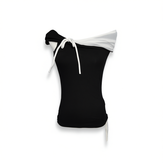 [769]GG    Black and White Splicing Off-Shoulder Short-Sleeve Top for Women