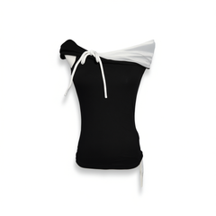 [769]G    [Same Style as Xu Yiyang] Fragile Shop - Sleepless Night Lazy Feeling Black and White Splicing Off-Shoulder Short-Sleeve Top for Women