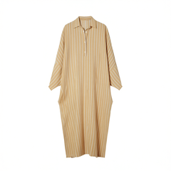 [789]N Xia Shiwen Linen Cotton Half-Zhong Knit Half-Open Loose Silhouette Striped Relaxed Style Long Shirt Dress