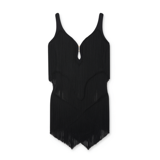 [131]GG    Backless Dress with Premium Tassel Latin Dance Practice Wear for Women, Includes Built-in Bra and Panty