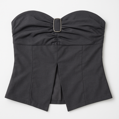 [734]NMS Trendy Girl Pure Temptation Style Gray Strapless Crop Top Summer Versatile Crop Top Slimming Ruffled Skirt Set