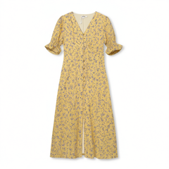 [116]G   French V-neck chiffon yellow floral print dress for women summer puff sleeves waist belt tailored waist elegant slit tea dress
