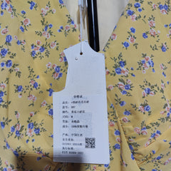 [116]G   French V-neck chiffon yellow floral print dress for women summer puff sleeves waist belt tailored waist elegant slit tea dress