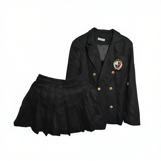[586]G   MIUCO College-Style Lapel-Pin Double-Breasted Blazer + Playful Pleated Midi Skirt Two-Piece Women's Outfit Set