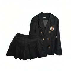 [586]G   MIUCO College-Style Lapel-Pin Double-Breasted Blazer + Playful Pleated Midi Skirt Two-Piece Women's Outfit Set