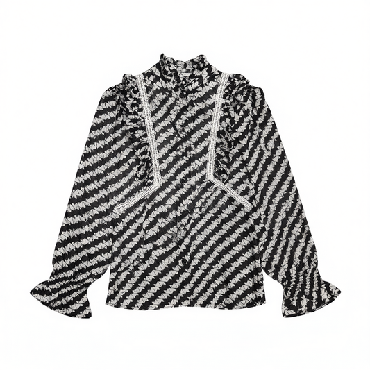[098] [Flash Sale] Elegant Commuter 4-Way Wearable Black and White Striped Temperament Stand Collar Silk Shirt
