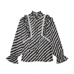 [098] [Flash Sale] Elegant Commuter 4-Way Wearable Black and White Striped Temperament Stand Collar Silk Shirt