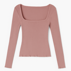 [788]NS French Rixo Kelly Vintage Pink Square Neck Long-Sleeve Sweater - Spring Sophisticated Slimming Top