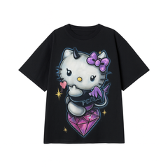 [789]GS  25SS Korean Indie Ins Limited Sweet and Cool Kitty Print Casual Versatile Loose Cotton Short-Sleeve T-Shirt Top