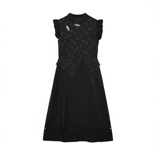 [289]GM   2025 Summer Women's Clothing 2025 New Elegant Black Stand Collar Slim Fit Waist-Trimming Jacquard Qipao Dress Long Dress