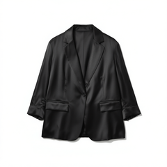 [874] Luxurious Elegance! Minimalist Satin Jacket with Gold Thread Accents - Genuine Silk Single-Button Suit Jacket, Silky Smooth and Slim-Fitting Mulberry Silk Short Coat