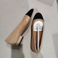 [021]N Uncle Wu's high heels round toe little Chanel style color blocking genuine leather large size sandals women summer versatile low heel women's shoes