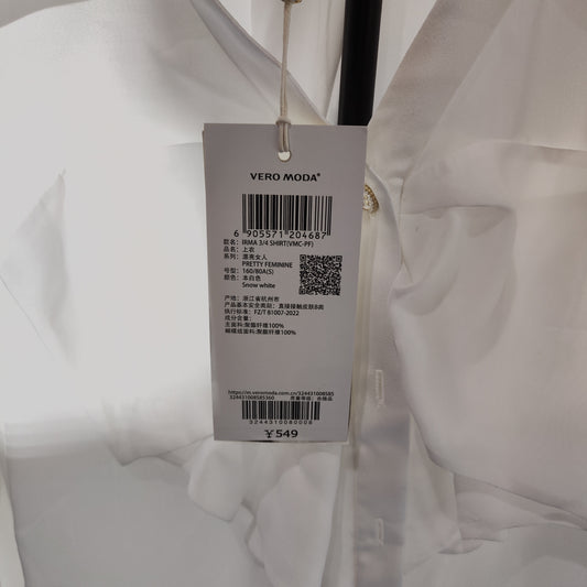 [678]NM  Autumn New Ruffled Three-Quarter Sleeve V-Neck Bowtie White Shirt 324431008