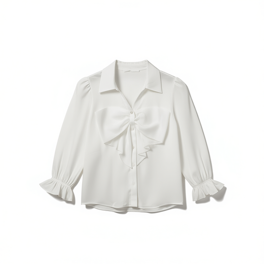 [678]NM  Autumn New Ruffled Three-Quarter Sleeve V-Neck Bowtie White Shirt 324431008