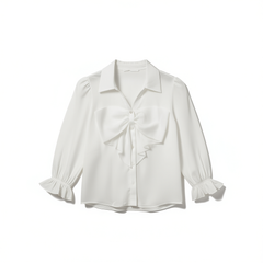 [678]N [Party Price] Vero Moda Shirt 2024 Autumn New Ruffled Three-Quarter Sleeve V-Neck Bowtie White Shirt 324431008