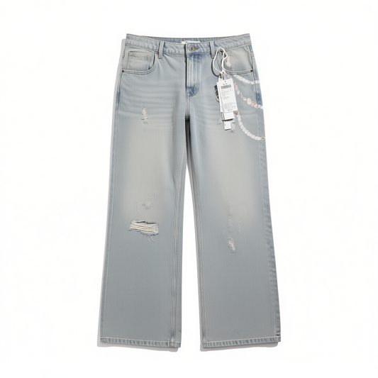 [101]MM  American Retro Shell and Pearl Necklace Printed Washed Vintage Straight Jeans for Women