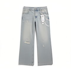 [101]M [Moon Tide Shell Trace] Uena American Retro Shell and Pearl Necklace Printed Washed Vintage Straight Jeans for Women