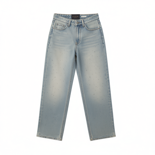 [091]NM  European-Imported Heavyweight Bespoke Positional Rhinestone Starry Fashionable Straight-Leg Jeans