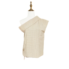 [280]G    Dorydory French-style plaid shirt with lapel and asymmetric off-shoulder neckline, short-sleeved cropped top