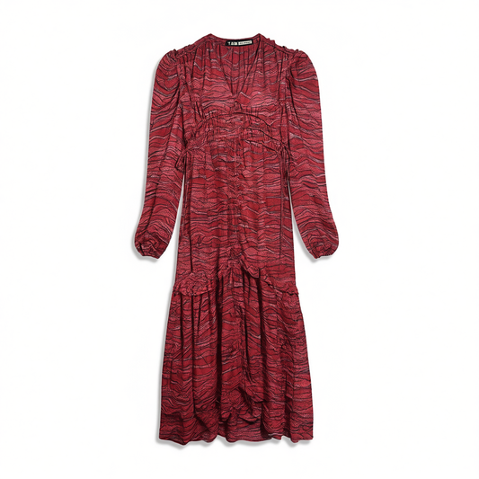 [521]NG   red V-neck pleated floral print dress, French resort style, high-end slit long dress