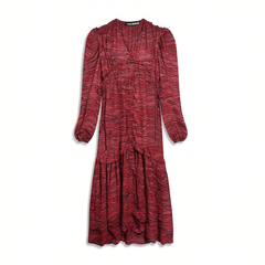 [521]NG   red V-neck pleated floral print dress, French resort style, high-end slit long dress