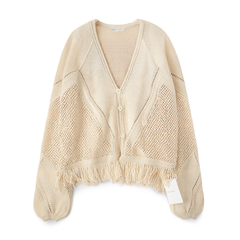 [659]N 322 Workshop Red Laser-Cut Tassel V-Neck Knit Cardigan Jacket for Women, Summer Lightweight Top B656