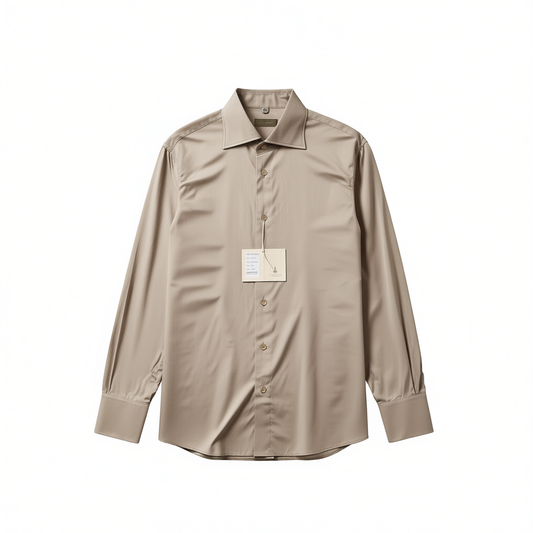 [360]NM   Menswear Brand "Vintage Milk Coffee" Satin-Feel Pure Cotton Italian Vinguntoe Neck Long-Sleeve Shirt