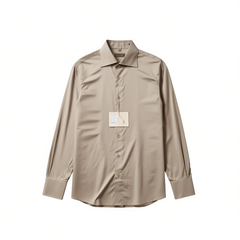 [360]NM   Menswear Brand "Vintage Milk Coffee" Satin-Feel Pure Cotton Italian Vinguntoe Neck Long-Sleeve Shirt