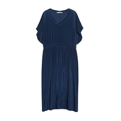 [209]N European Style Navy Blue Niche Light-Mature Midi Vintage Elegant Simple Dress for Women Summer