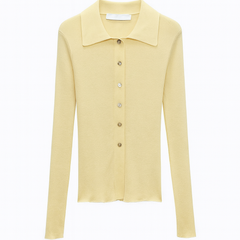 [864]MS ZA Women's New Arrival French Chic Fitted Long Sleeve Collared Semi-Transparent Ribbed Knit Lightweight Jacket 9598097