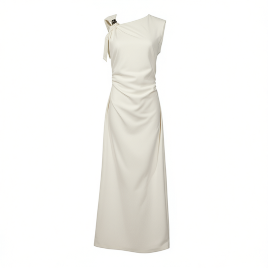 [488]NG   Zero-restraint micro-stretch twill fabric | Metal-embellished asymmetrical waist-knot dress with draped neckline