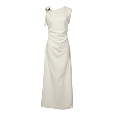 [488]N WANGXO | Zero-restraint micro-stretch twill fabric | Metal-embellished asymmetrical waist-knot dress with draped neckline