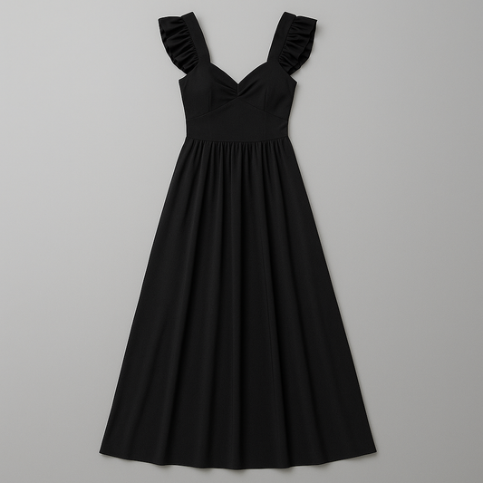 [874]GS   2025 Summer New Women's Designer Ruffled Strappy Slimming Mid-Length Black Elegant Little Black Dress