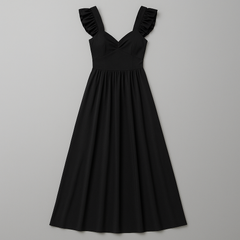 [874]GS   2025 Summer New Women's Designer Ruffled Strappy Slimming Mid-Length Black Elegant Little Black Dress