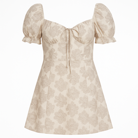 [883]MS French Square Neck Puff Sleeve Floral Print Dress for Kids with Tailored Waist Slimming Elegant Petite A-Line Drawstring Skirt Summer