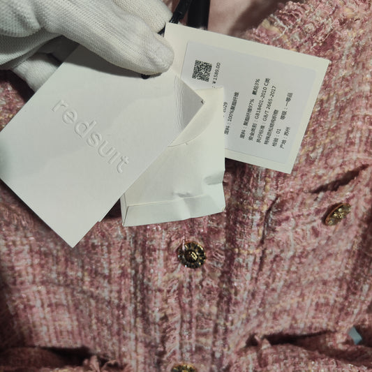 [792]G    Redsuit Imported Wool Gabardine Gentle Pink Chanel-Style Jacket Hand-Rolled Edges Four Pockets Checkered Blouse New