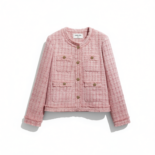 [792]G    Redsuit Imported Wool Gabardine Gentle Pink Chanel-Style Jacket Hand-Rolled Edges Four Pockets Checkered Blouse New