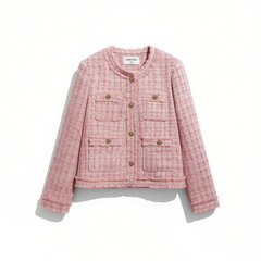 [792]G    Redsuit Imported Wool Gabardine Gentle Pink Chanel-Style Jacket Hand-Rolled Edges Four Pockets Checkered Blouse New