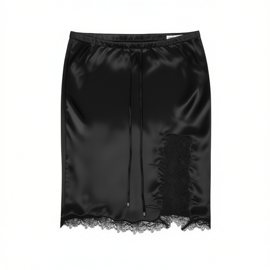 [202]NM   Acetate Split Midi Skirt Women Light Black Lace Short Skirt