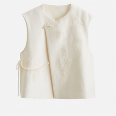 [901]GS  New Chinese Style Round Neck Button Fastening Ginkgo Embroidery Vest Top Women's Spring 2025 Collection Very Stylish Vest Blouse