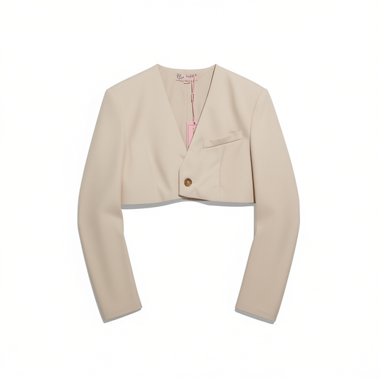 [606]N le palais vintage trendy beige old money style short jacket + high-waisted wide-leg pants tailored set