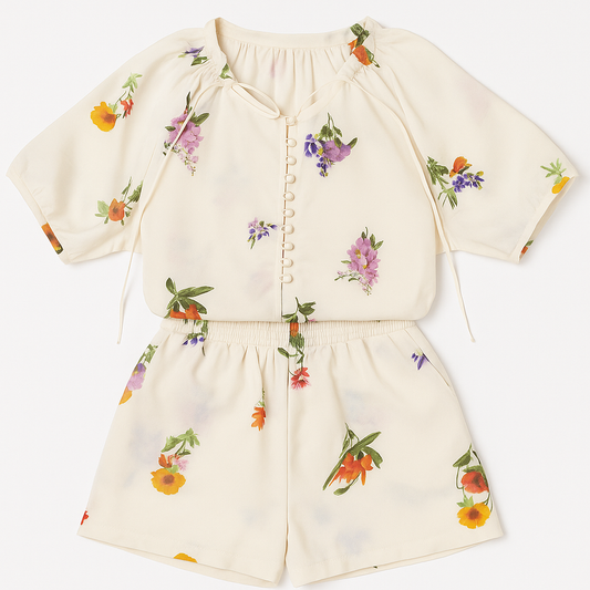 [911]NS Cool and Serene Old Money Style Sophisticated Tea-Inspired Outfit New Chinese Retro Floral Shirt and Shorts Two-Piece Set