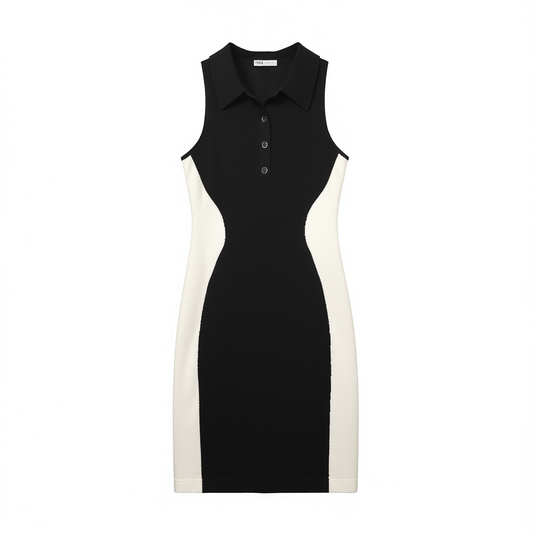 [780]NM Contrast Black and White Polo Neck Crop Knitted Dress with Waist-Cinching and Body-Con Fit