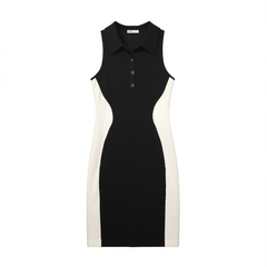 [780]N Foundume Contrast Black and White Polo Neck Crop Knitted Dress with Waist-Cinching and Body-Con Fit