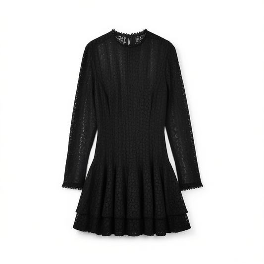 [178]N  Black Round Neck Long Sleeve Women's Dress 2025 Spring New Arrival Unique Design High-End Puff Sleeve Dress
