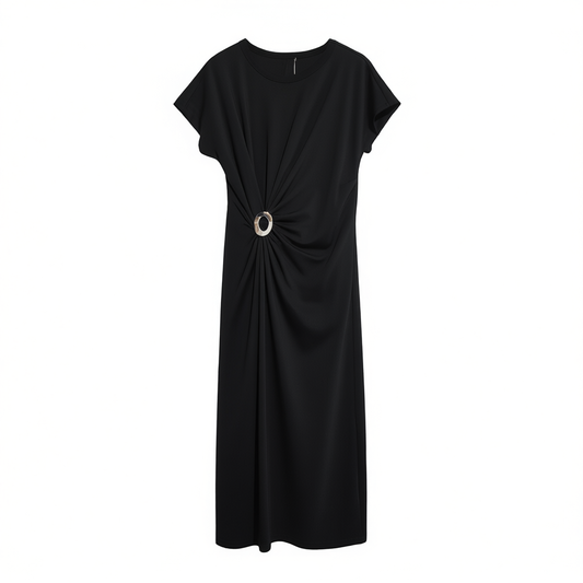 [426]G  MEIYANG Sculpted Black Dress Muse Goddess~ Tencel Roman Fabric Draped Pleated Round Neck Long Dress U