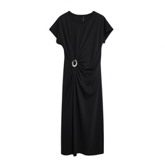 [426]G  MEIYANG Sculpted Black Dress Muse Goddess~ Tencel Roman Fabric Draped Pleated Round Neck Long Dress U